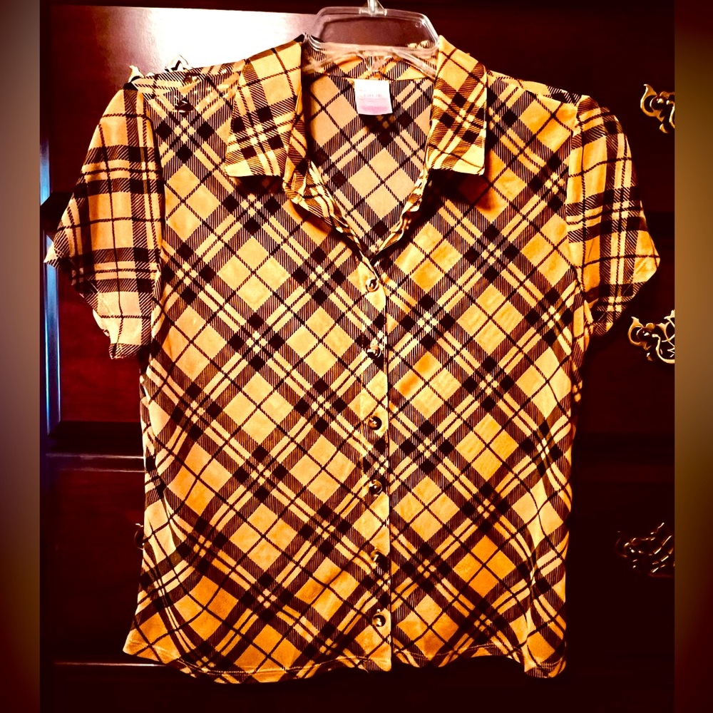 Light weight, sheer plaid blouse, never worn cute.